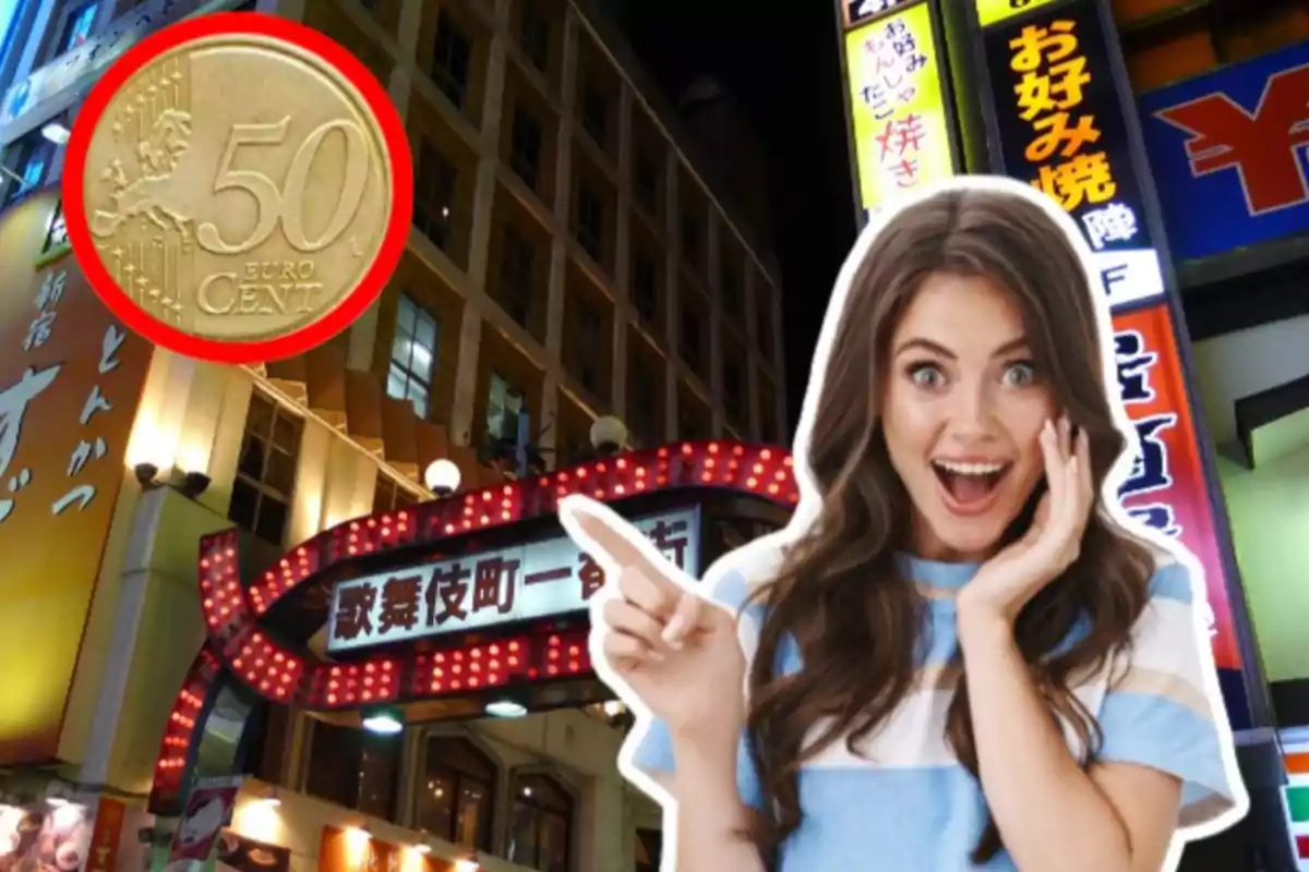 Una mujer emocionada señala hacia una moneda de 50 céntimos de euro sobre un fondo de luces de neón y edificios con letreros en japonés.