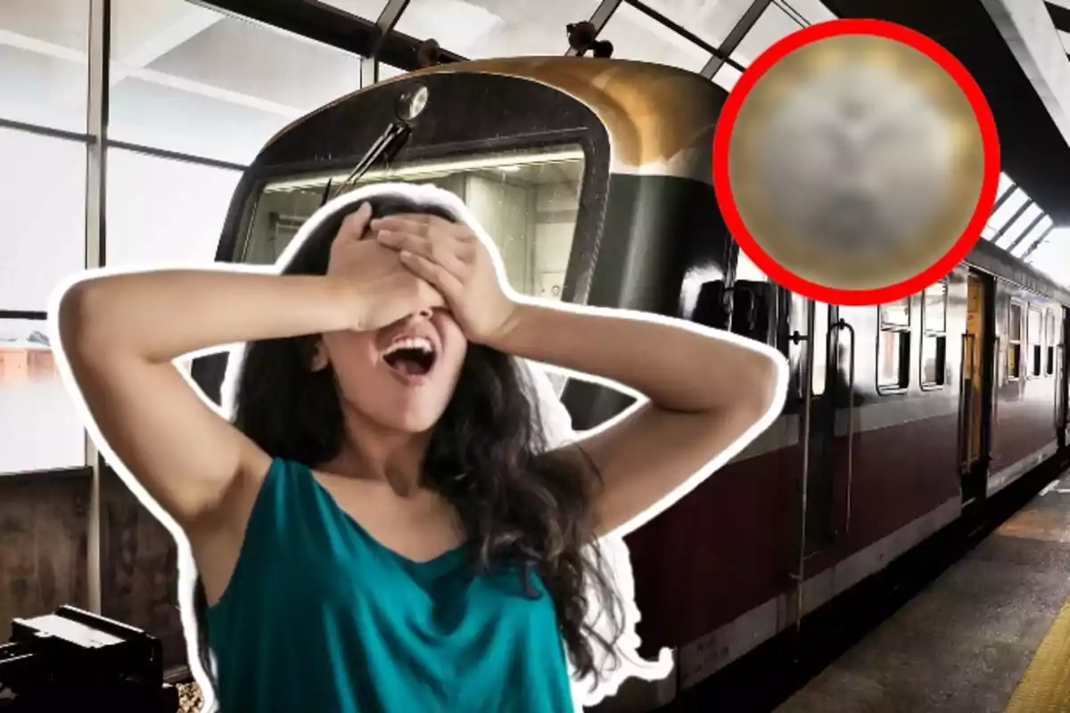 Una mujer con los ojos cubiertos por sus manos parece sorprendida frente a un tren en una estación con un círculo rojo que resalta un área borrosa en la imagen.