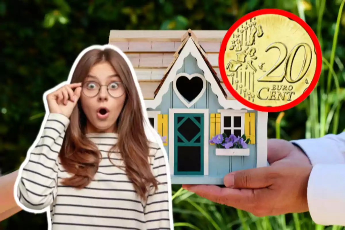 A woman with a surprised expression next to a miniature house held by hands and a 20-cent euro coin.