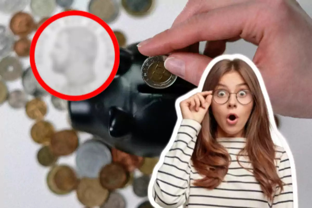 A person surprised next to a hand inserting a coin into a black piggy bank, with coins scattered around.