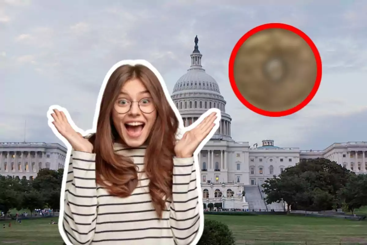 Mujer sonriente con gafas y camiseta de rayas frente al Capitolio de Estados Unidos con un círculo rojo resaltando un objeto borroso en el cielo