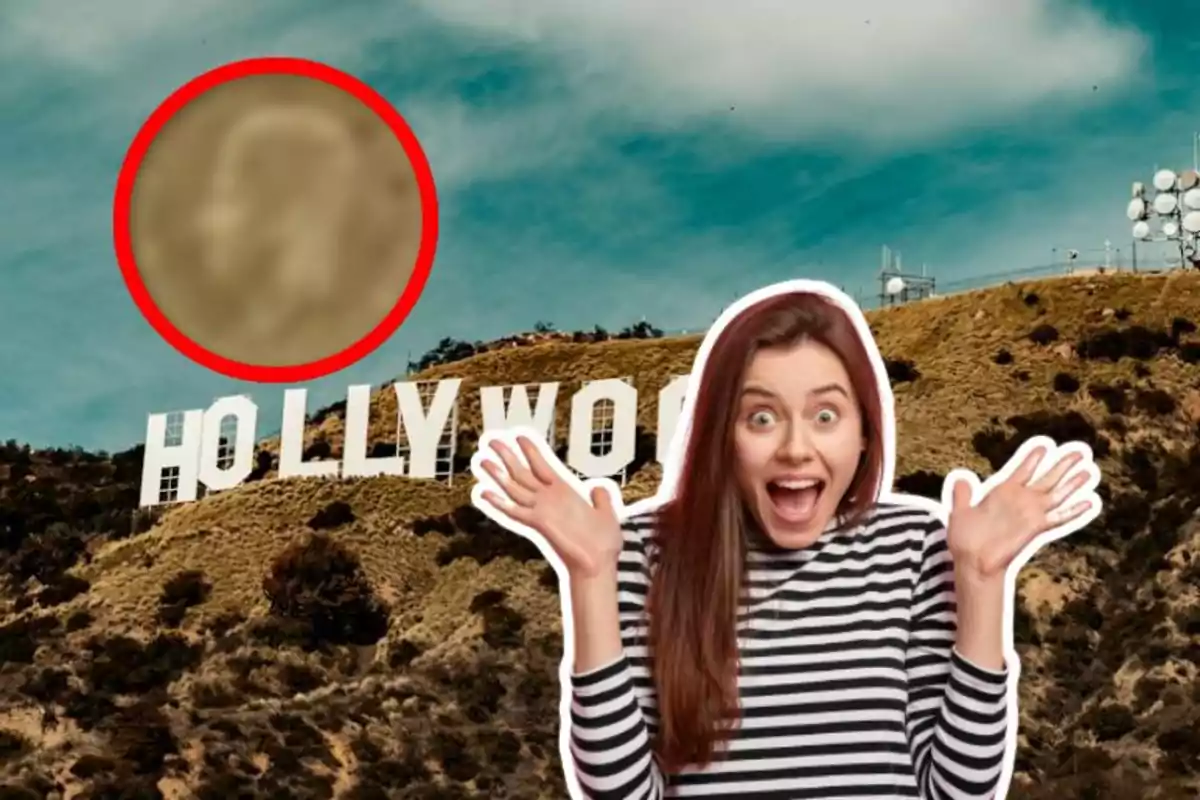 Una mujer emocionada frente al letrero de Hollywood con un círculo rojo en el cielo.