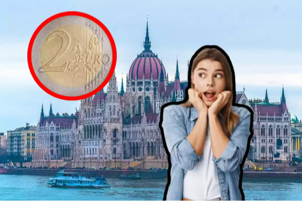 A surprised woman appears in front of the Parliament building in Budapest, with a 2-euro coin highlighted in a red circle.