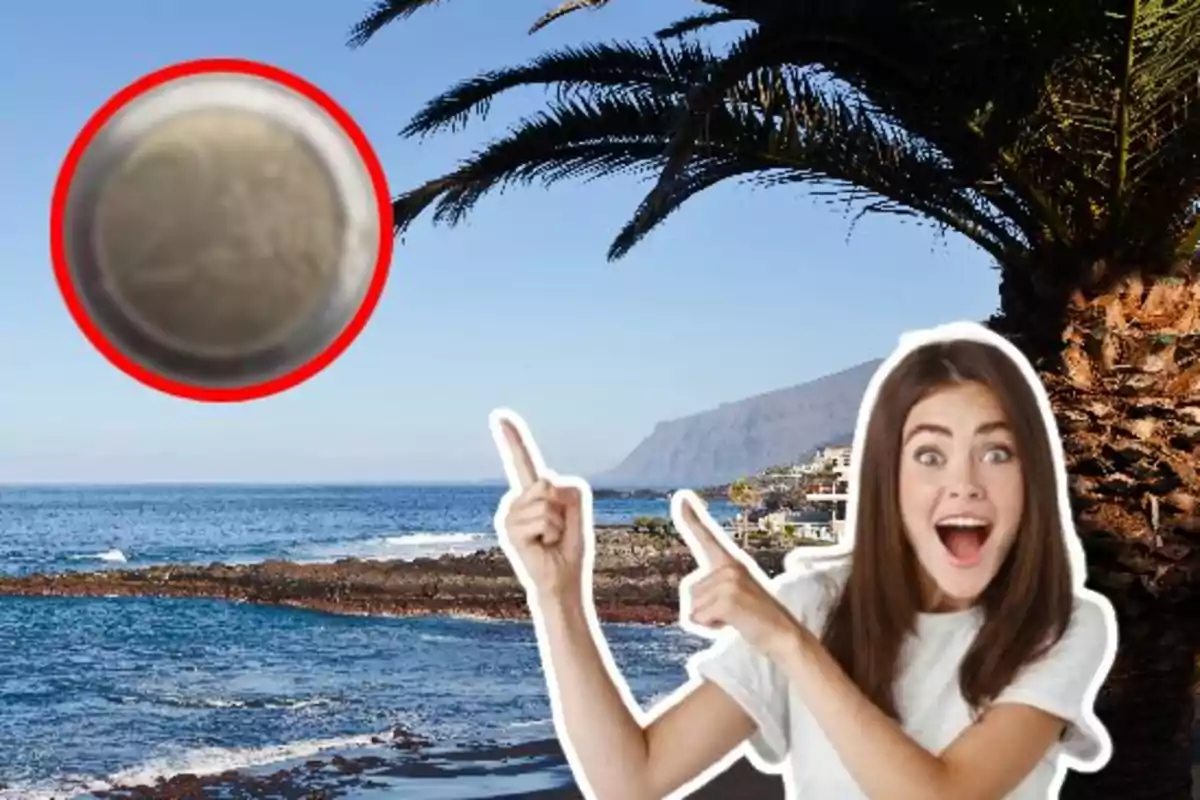 Una mujer emocionada señala hacia un objeto circular en el cielo con un paisaje costero de fondo.