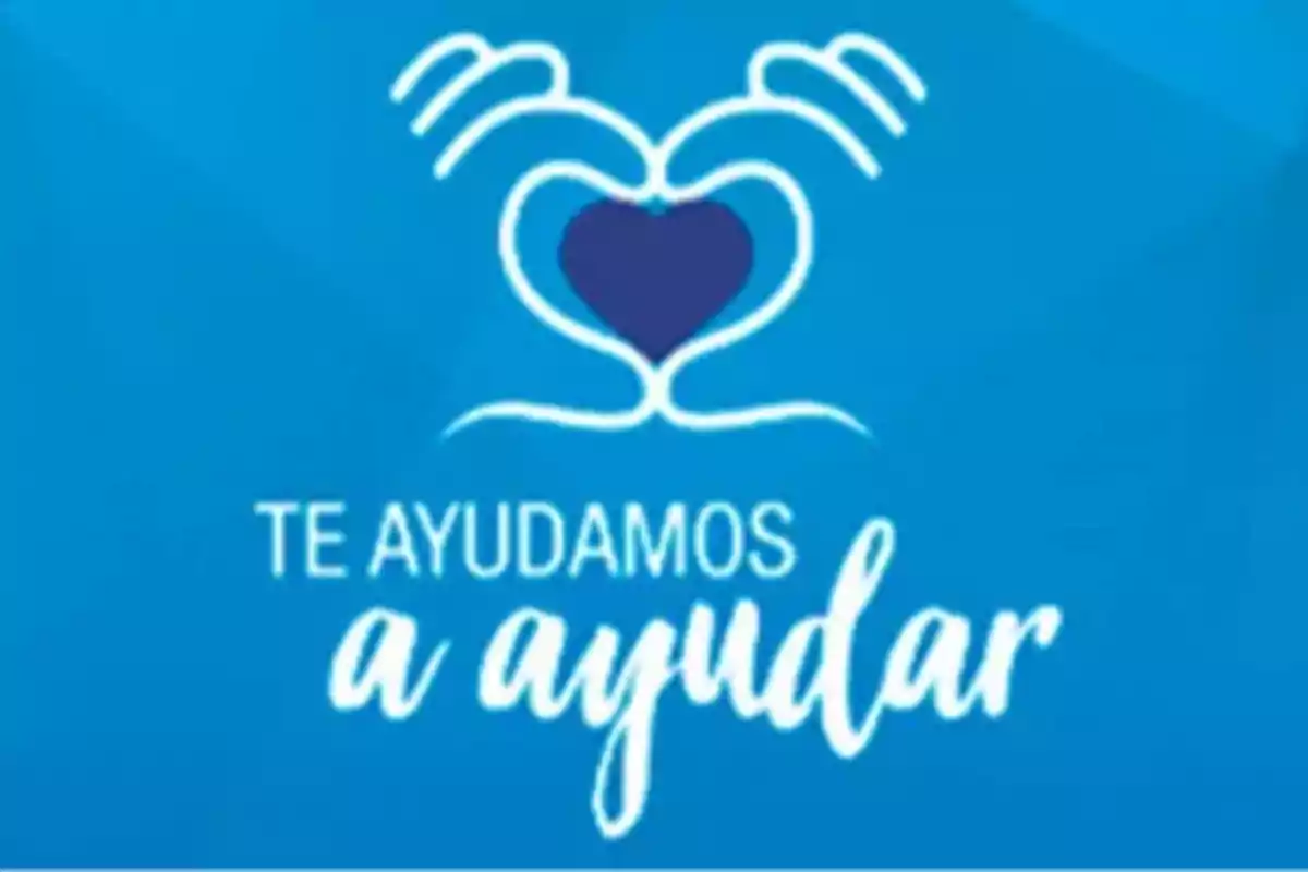 Logo con un corazón azul y líneas que simulan manos sobre un fondo azul con el texto "Te ayudamos a ayudar".