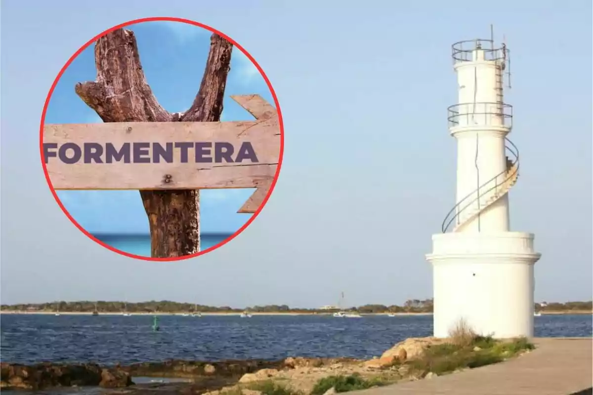 Señal de madera con la palabra "Formentera" junto a un faro blanco en la costa.