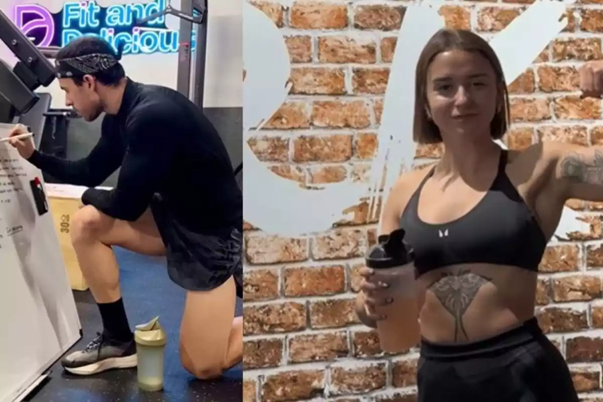 Dos personas en un gimnasio, una escribiendo en una pizarra y la otra posando con un batido frente a una pared de ladrillos.