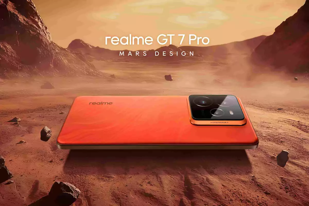 Teléfono Realme GT 7 Pro en diseño inspirado en Marte con un paisaje marciano de fondo.