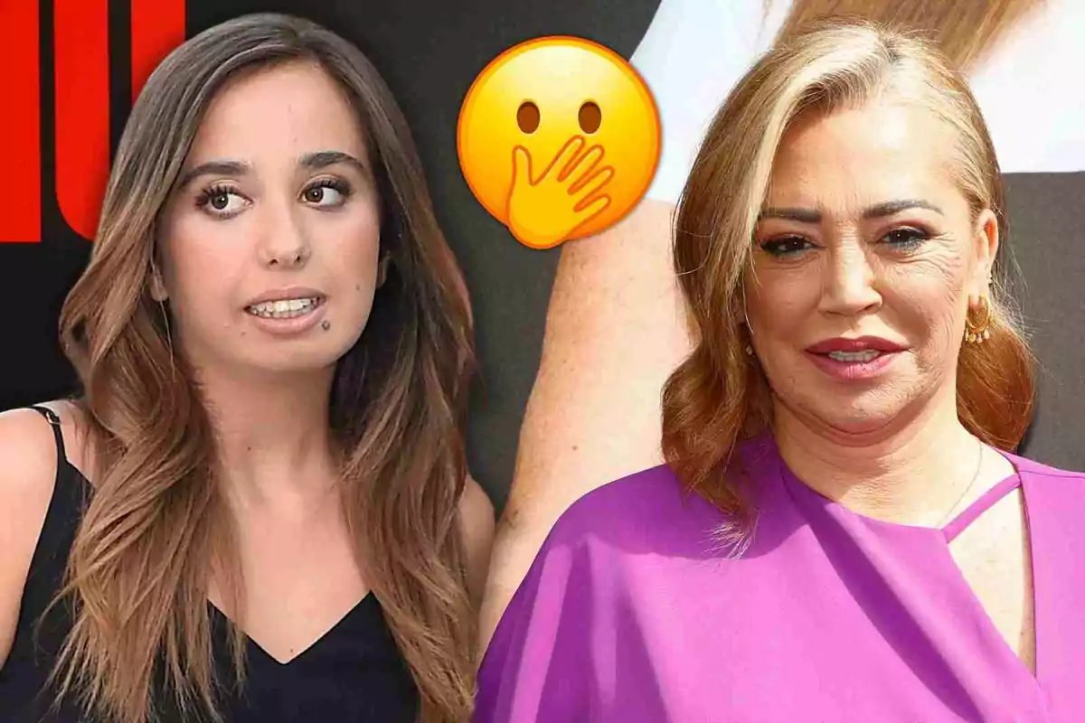 Belén Esteban y su hija Andrea Janeiro posan para una foto, una con cabello largo y castaño claro, y la otra con cabello rubio y corto, ambas con expresiones faciales neutrales y un emoji de cara sorprendida entre ellas.