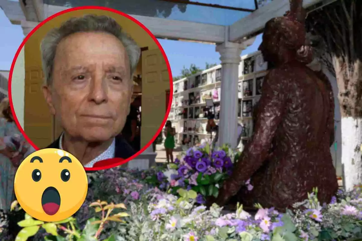 José Ortega Cano en un círculo rojo con una expresión seria, una estatua de Rocío Jurado de espaldas rodeada de flores y un emoji sorprendido en la esquina inferior izquierda.