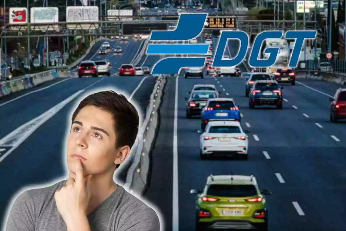 Fotomontaje con una imagen de fondo de una carretera con coches, al frente un logo de DGT y un hombre pensativo