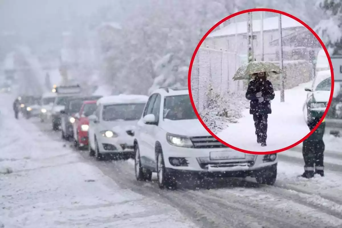 Fotomontaje de una imagen de fondo de varios coches en fila en la nieve y una redonda roja con una persona con un paraguas en un temporal de nieve