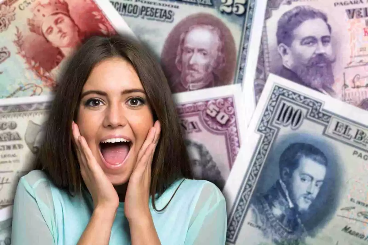 Una mujer con expresión de sorpresa frente a varios billetes antiguos.