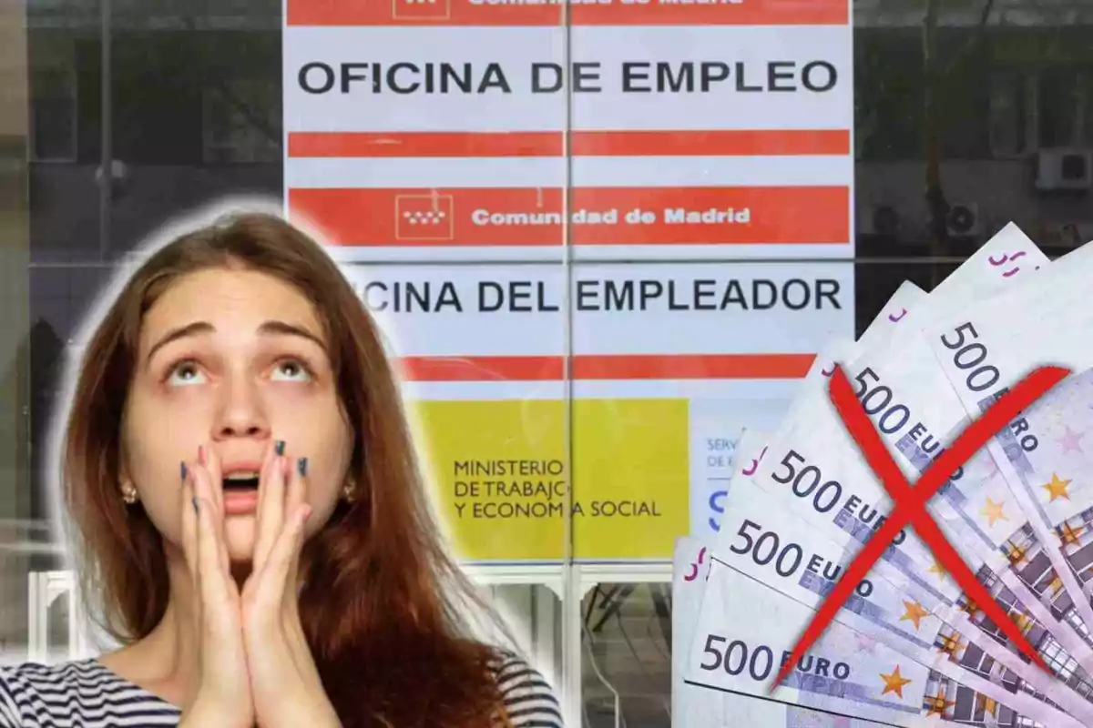 Una mujer con expresión de preocupación está frente a una oficina de empleo en Madrid, con billetes de 500 euros tachados en primer plano.