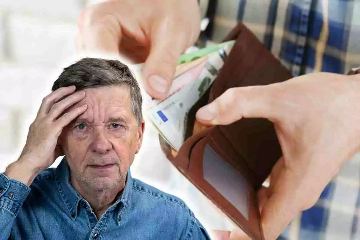 Fotomontaje con una imagen de fondo de un mano con una cartera y al frente un jubilado preocupado
