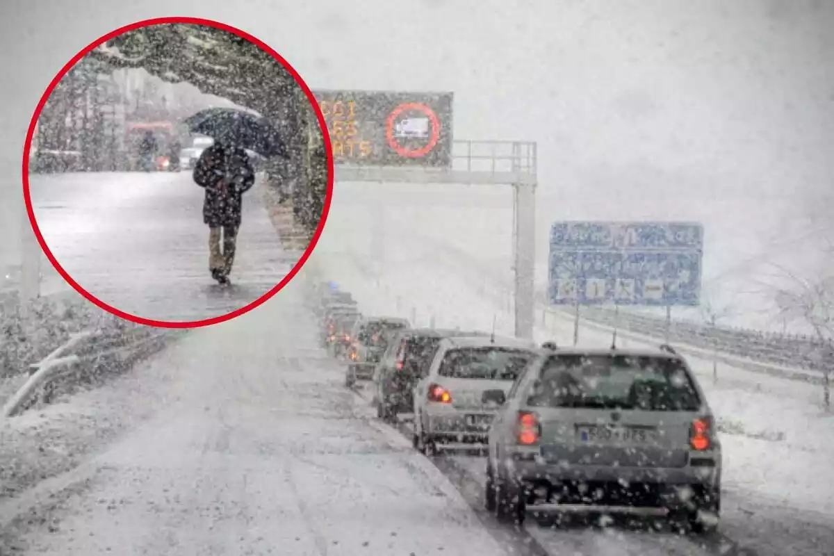 Photomontage with a background image of a row of cars stopped on a road in a snow storm and a red circle in front with a person walking with an umbrella under the snow