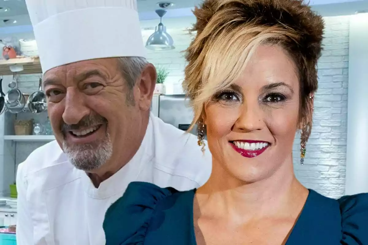 Two smiling people in a kitchen, one of them wearing a chef's hat.