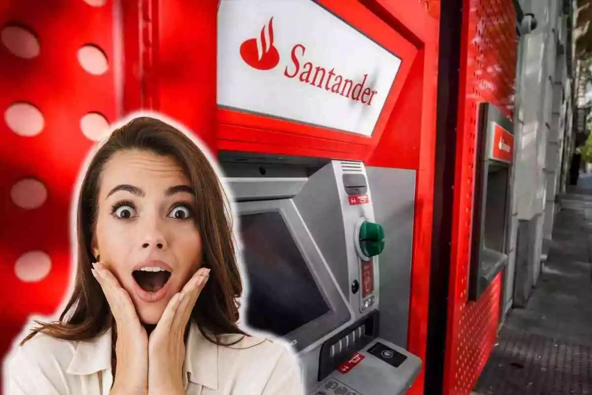 Fotomontaje de fondo del Banco Santander y al frente una mujer emocionada