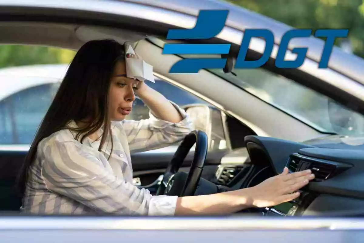 Fotomontaje de una mujer pasando calor en el coche y al frente el logo de la DGT