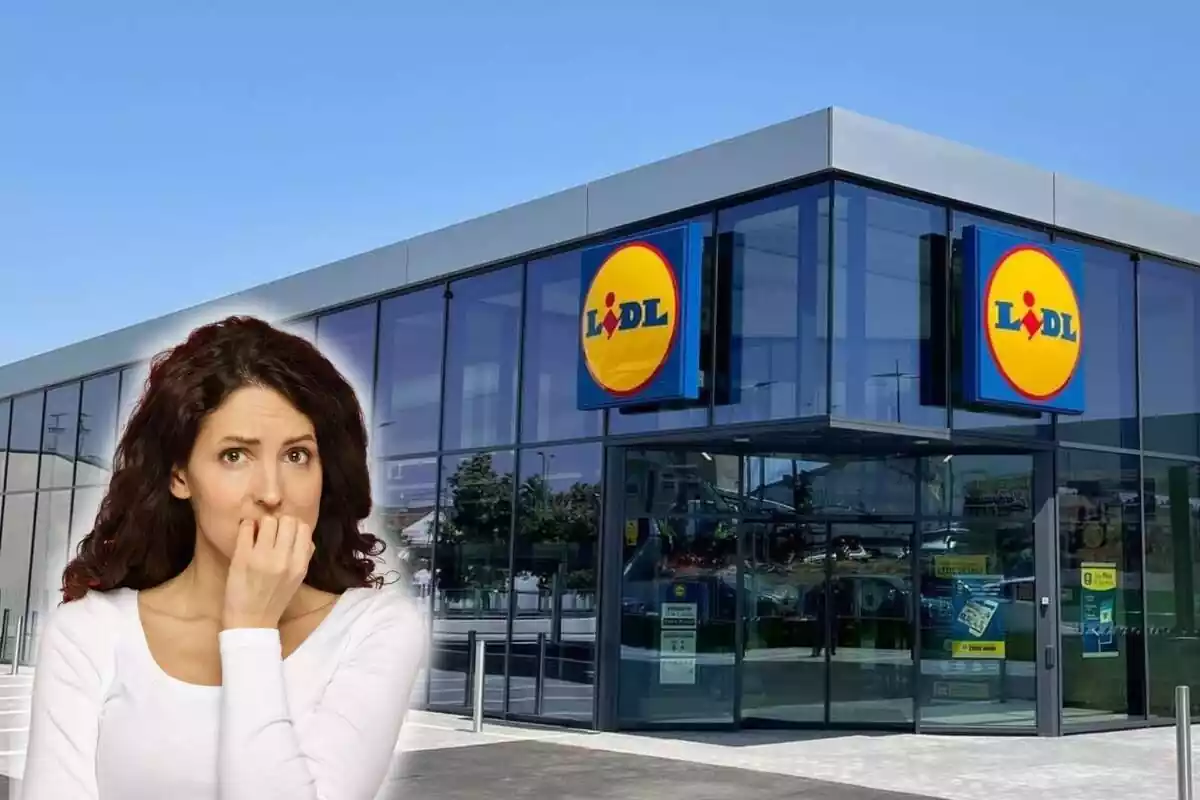 Fotomontaje del exterior de un supermercado Lidl de fondo y al frente una persona preocupada
