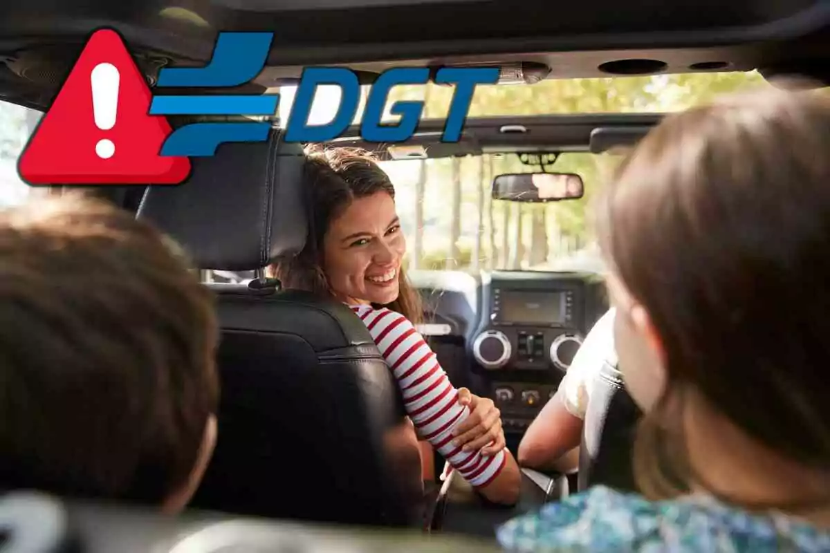 Fotomontaje con una familia con hijos en coche y al frente el logo de la DGT y un símbolo de alerta