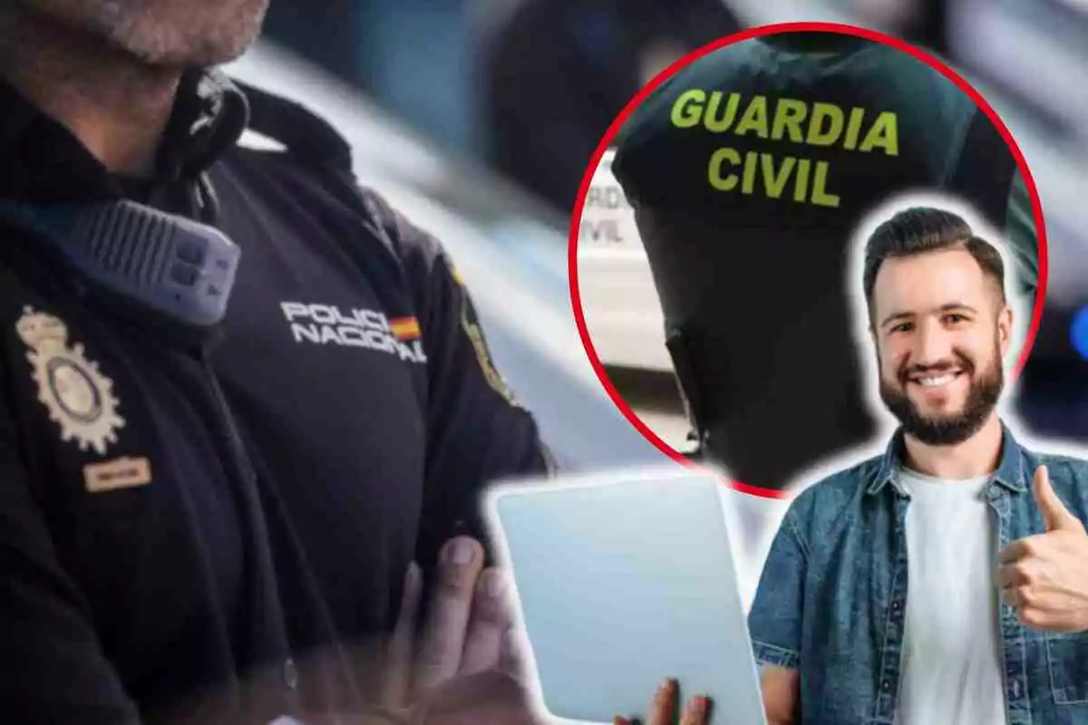 Un oficial de la Policía Nacional con un uniforme negro y un radio en el hombro, una imagen circular de un agente de la Guardia Civil con un uniforme verde y un hombre sonriente con barba sosteniendo una computadora portátil y levantando el pulgar.