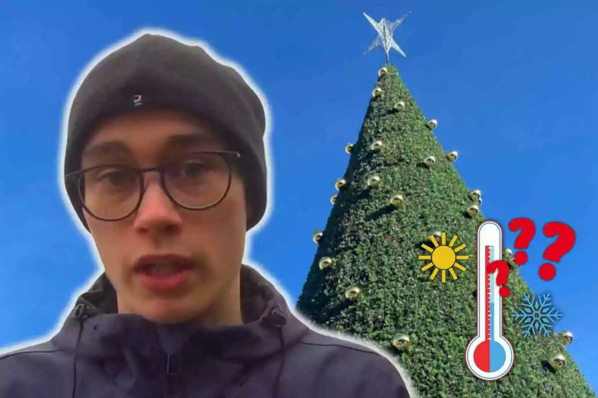 Jorge Rey con gorro y gafas frente a un árbol de Navidad decorado con esferas doradas y una estrella en la cima, acompañado de iconos de sol, termómetro y signos de interrogación.