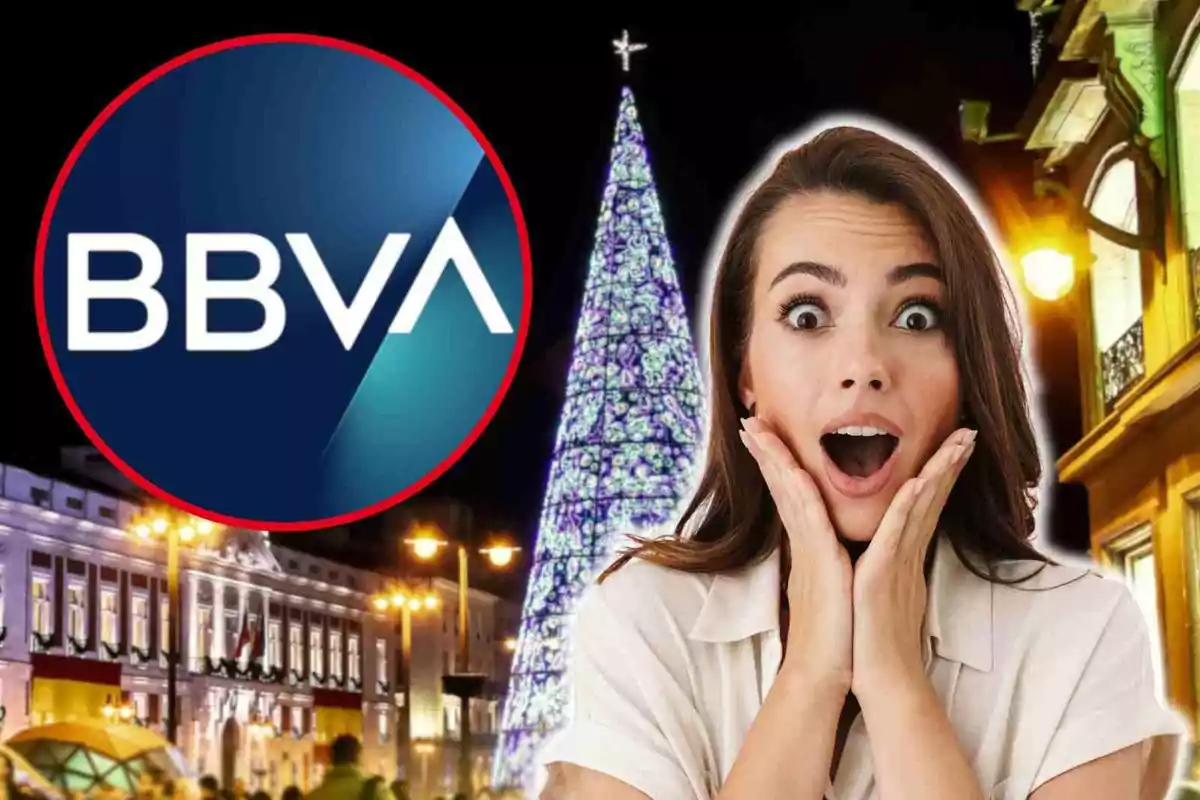 Una mujer con expresión de sorpresa frente a un árbol de Navidad iluminado y el logotipo de BBVA en un entorno urbano nocturno.