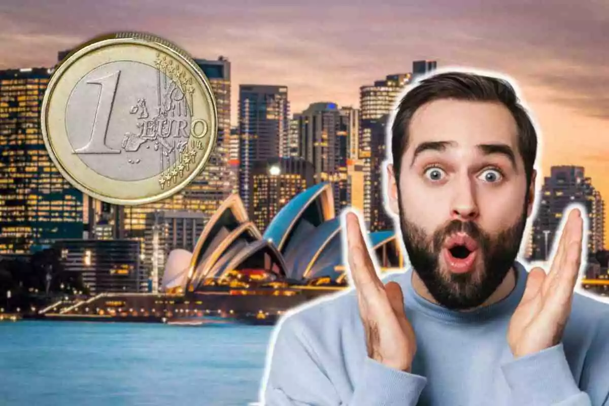 Un hombre sorprendido con una moneda de un euro sobre un fondo de ciudad al atardecer.