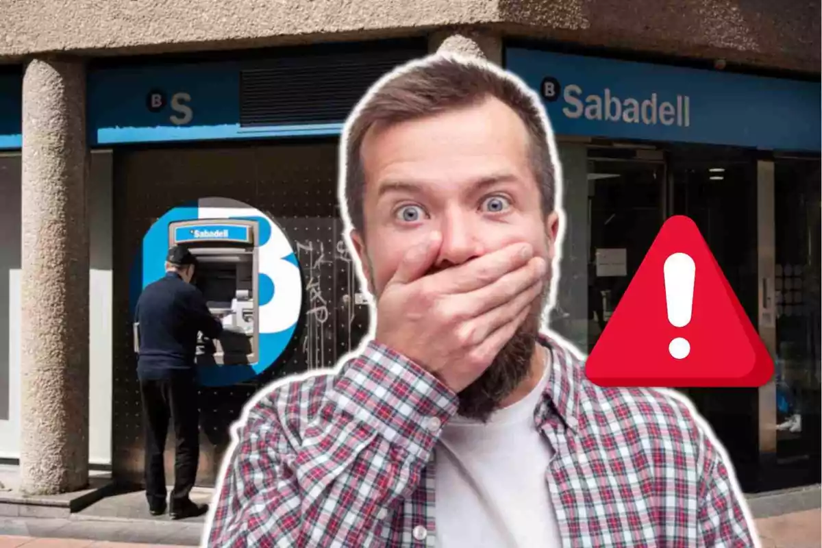 Man surprised in front of a Sabadell bank ATM with a warning symbol.