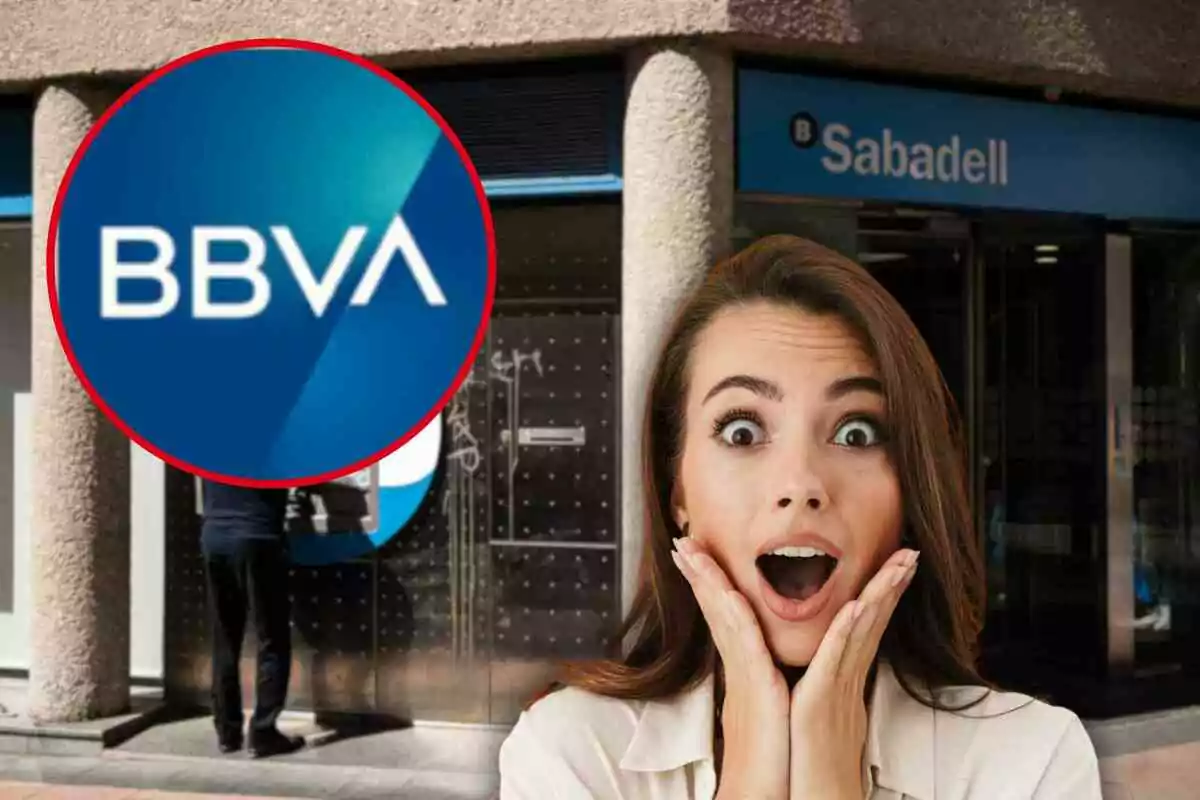 Mujer sorprendida frente a un banco con logotipos de BBVA y Sabadell.