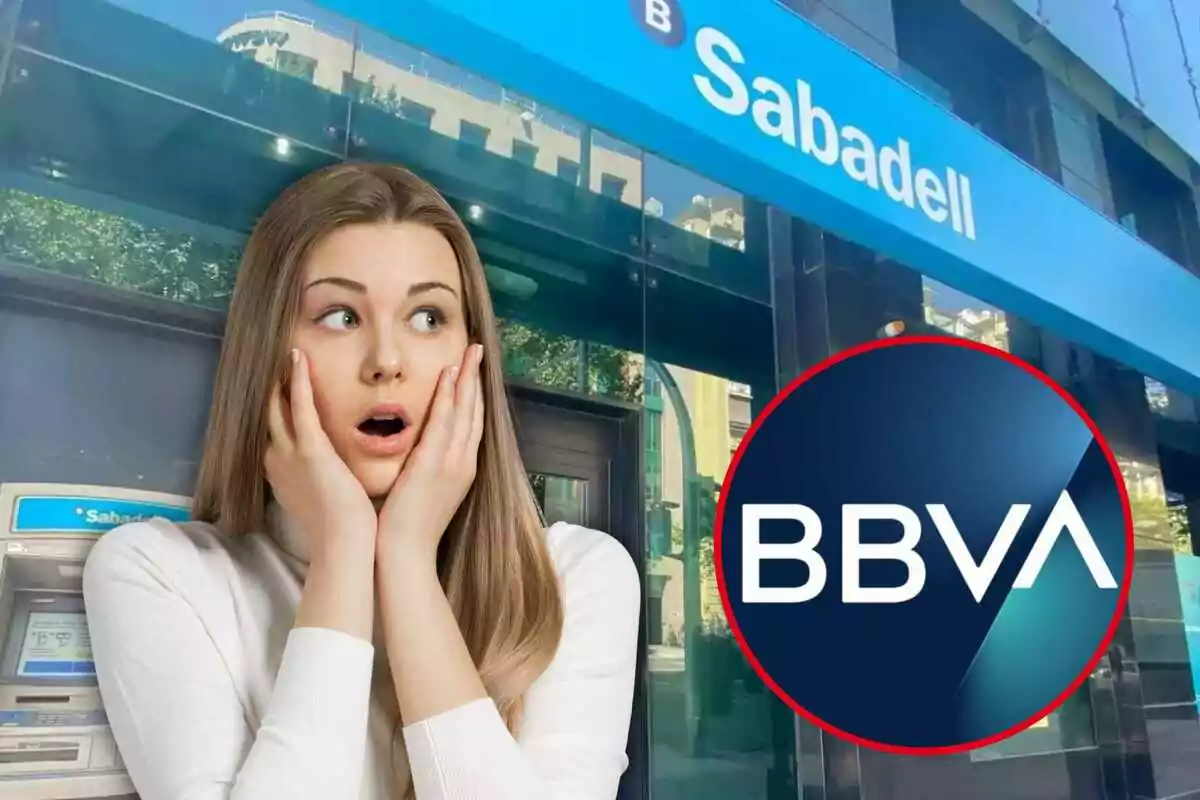 Una mujer con expresión de sorpresa aparece frente a una sucursal del Banco Sabadell, mientras el logotipo de BBVA se superpone en la imagen.