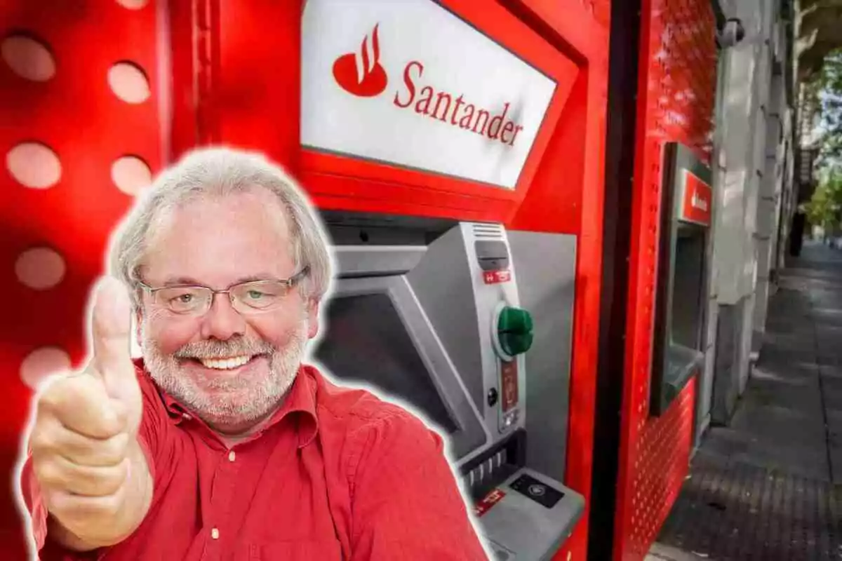 Fotomontaje con una imagen de fondo de un cajero del Banco Santander y al frente un jubilado haciendo el gesto de ok con el pulgar