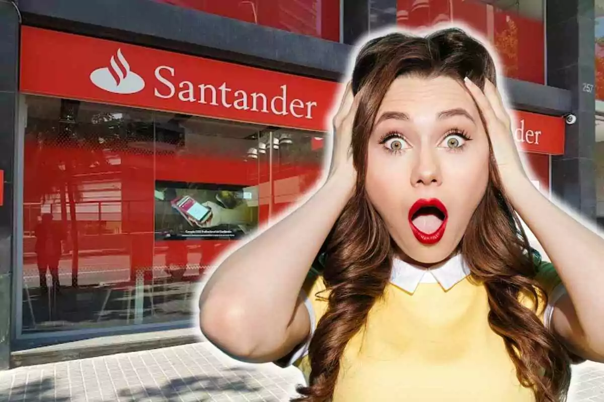 A woman with a surprised expression in front of a Santander bank branch.