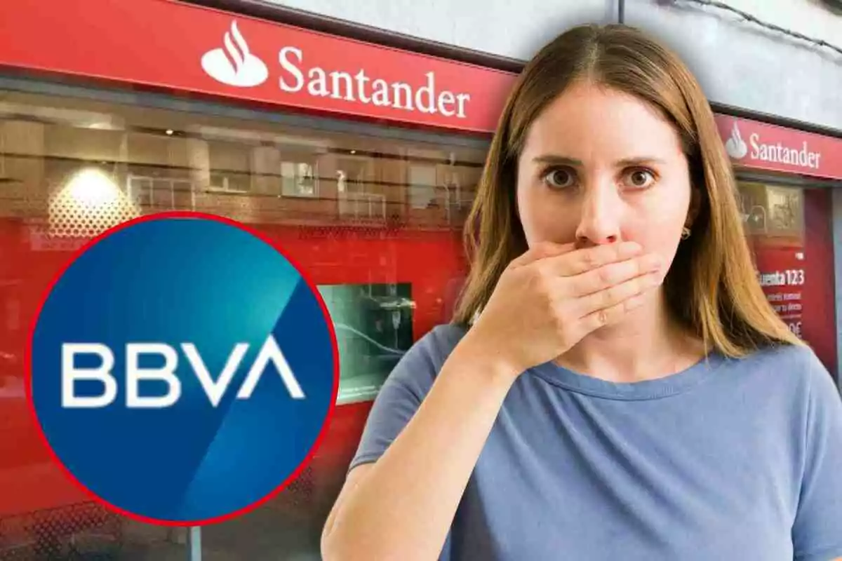 Una mujer con expresión de sorpresa se cubre la boca frente a Banco Santander con el logo de BBVA superpuesto.