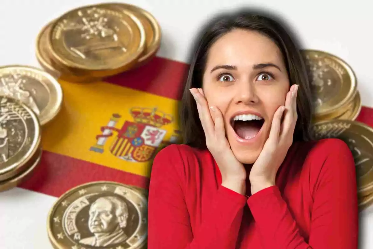 Una mujer con expresión de sorpresa frente a una bandera de España y varias monedas de euro.