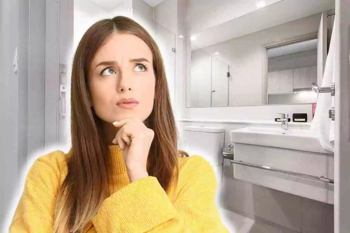 Mujer pensativa con suéter amarillo en un baño moderno.