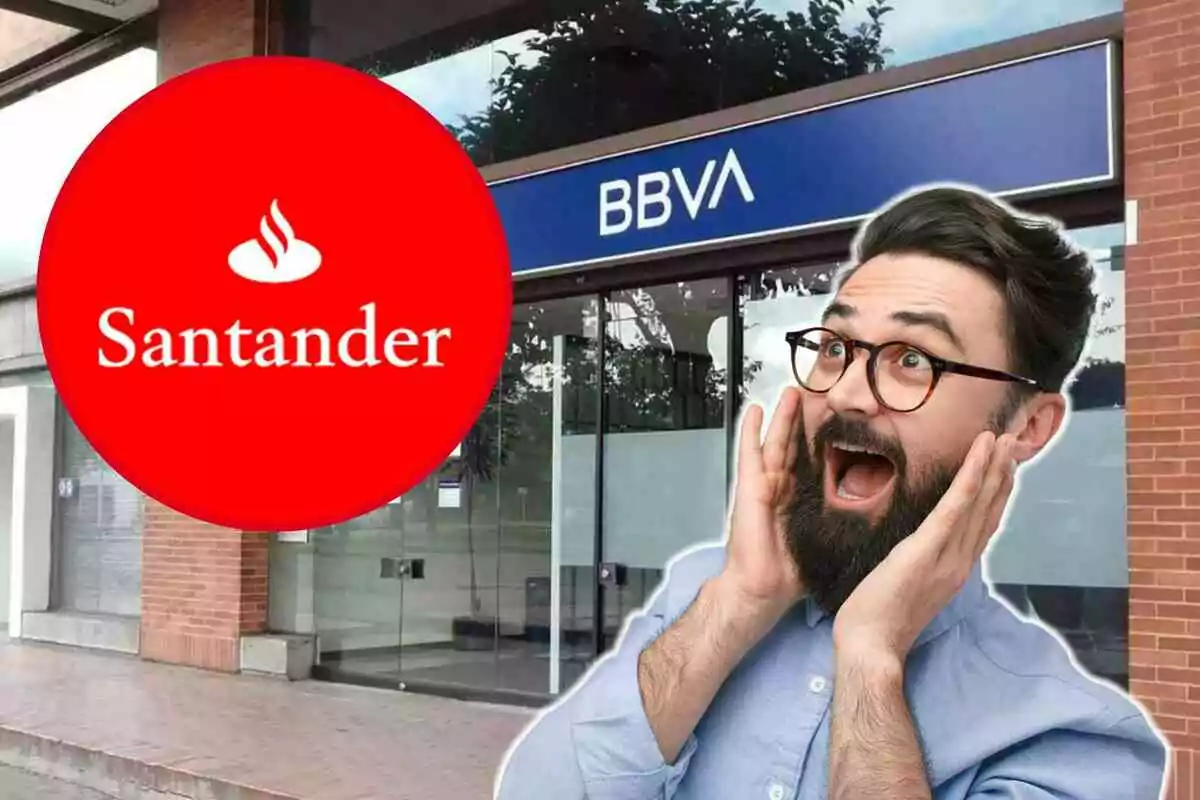 A bearded man with glasses looks surprised in front of a BBVA branch, while a Santander logo appears in a red circle on the left.