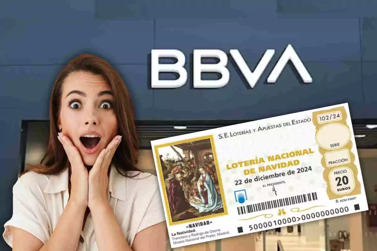 Mujer sorprendida sosteniendo un billete de lotería frente a un edificio con el logo de BBVA.