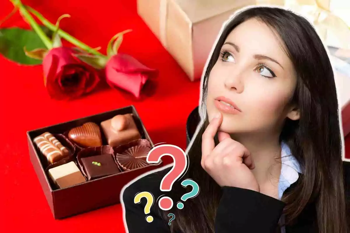 Mujer pensativa con una caja de chocolates y rosas rojas sobre fondo rojo.