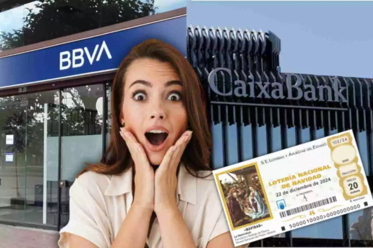 Mujer sorprendida frente a los logos de BBVA y CaixaBank con un billete de lotería de Navidad.