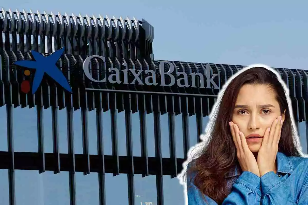Una mujer con expresión preocupada frente a un edificio de CaixaBank.