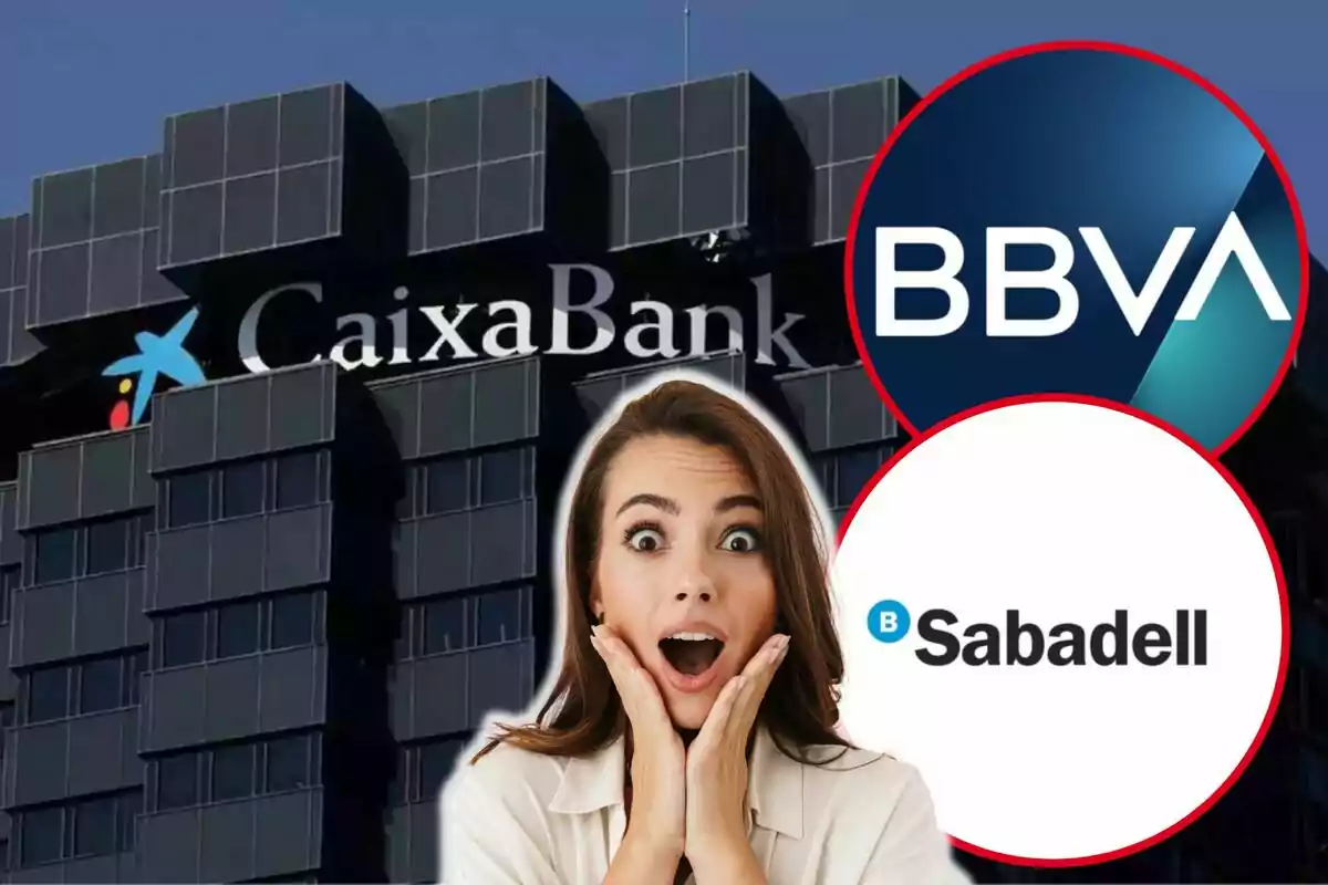 Una mujer con expresión de sorpresa frente a los logotipos de CaixaBank, BBVA y Sabadell.