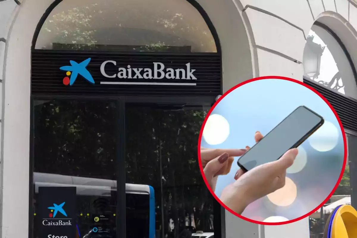 Una sucursal de CaixaBank con un círculo rojo que muestra a una persona usando un teléfono móvil.