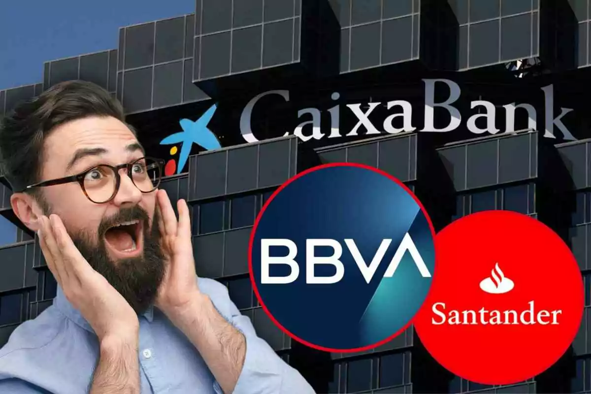 Hombre sorprendido frente a logotipos de bancos como CaixaBank, BBVA y Santander.