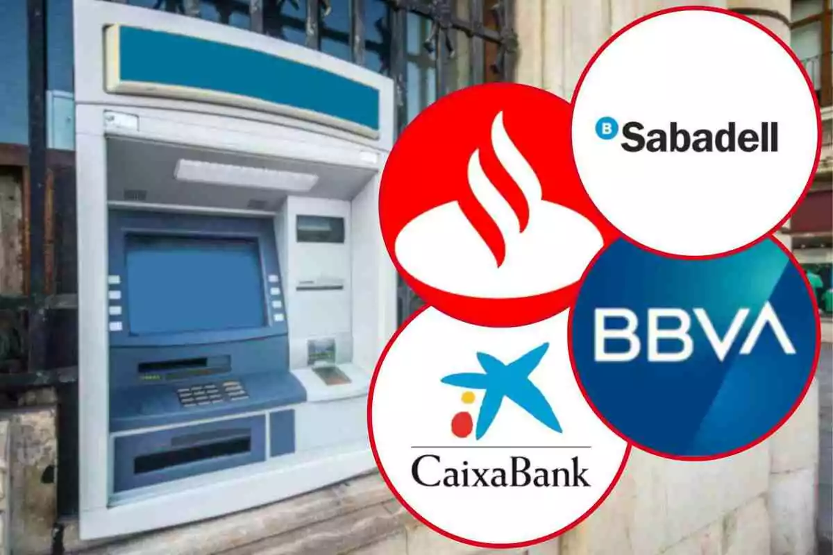 Cajero automático con logotipos de varios bancos españoles, BBVA, CaixaBank, Banco Santander y Banco Sabadell, superpuestos.