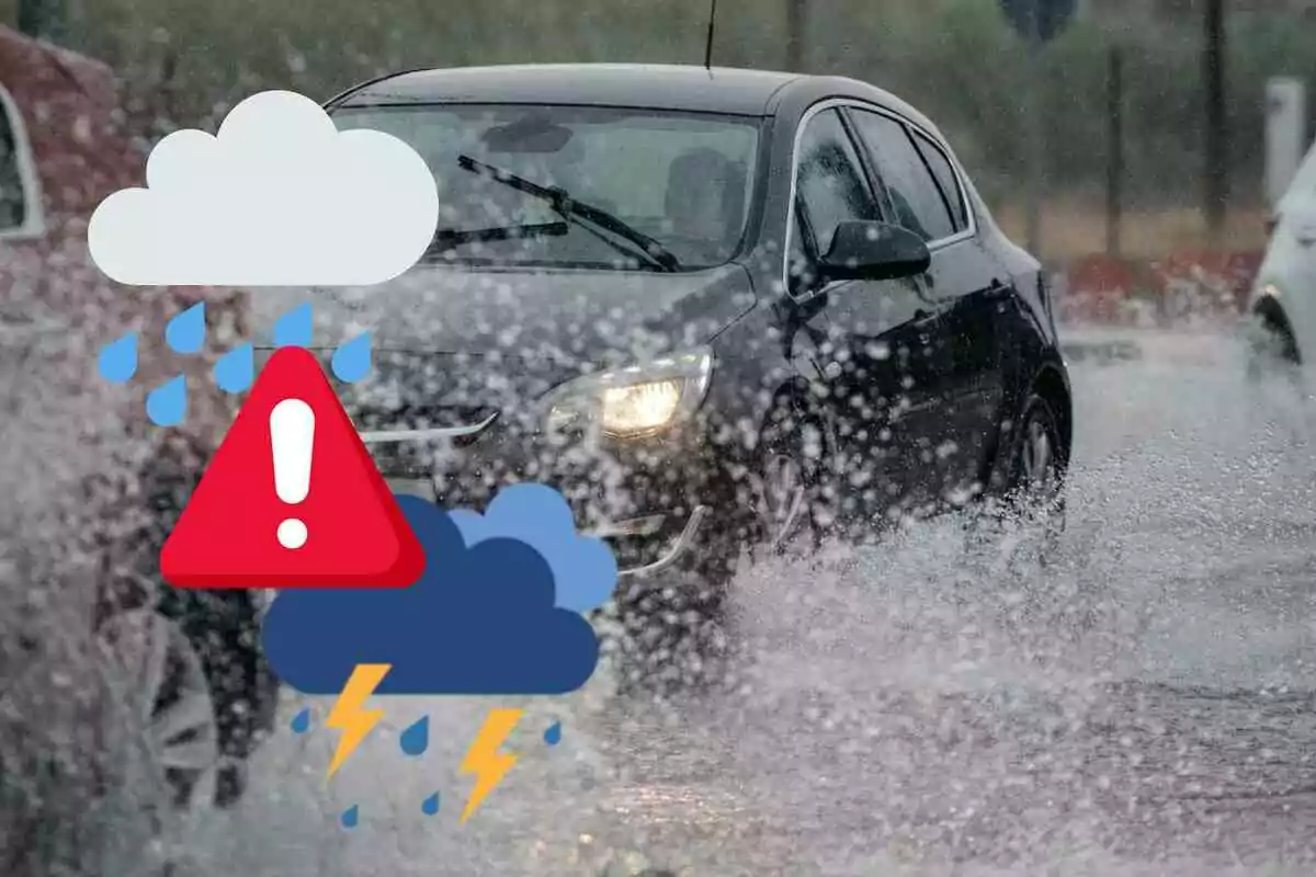 Fotomontaje con una imagen de fondo de un coche y al frente dos emojis de lluvia y tormenta y otro de alerta