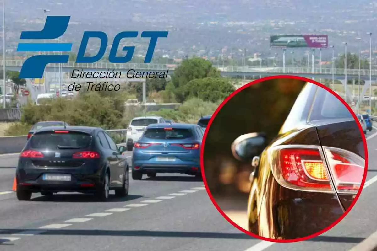 Fotomontaje con una imagen de fondo de coches en la carretera y al frente una redonda roja con los intermitentes y el logo de la DGT