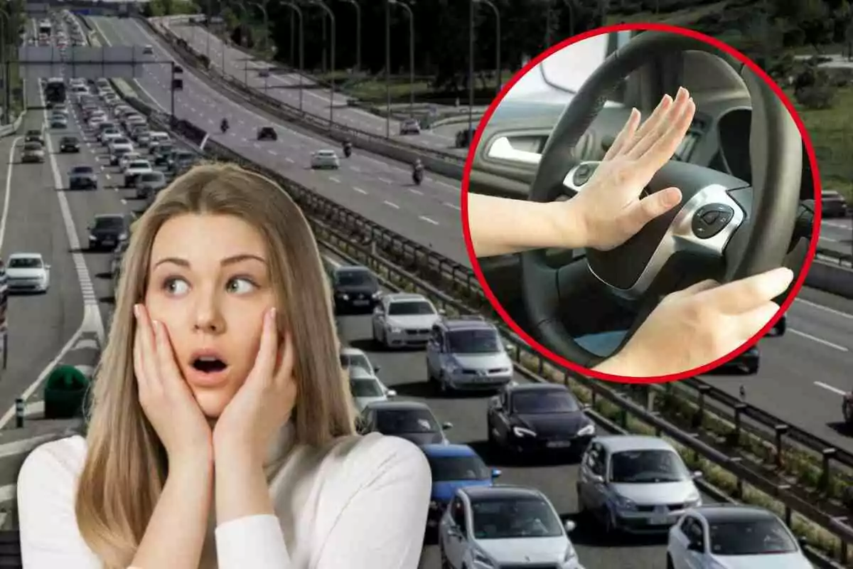 Fotomontaje con una imagen de fondo de coches en la carretera, al frente una mujer preocupada y una redonda roja con una mano tocando el claxon