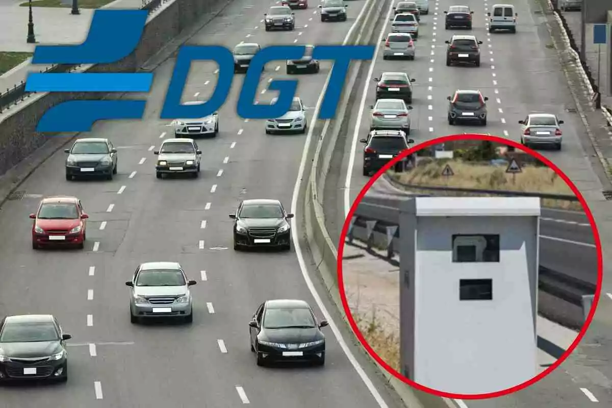 Fotomontaje con una imagen de fondo de coches en la carretera, al frente una redonda roja con un radar y el logo de la DGT